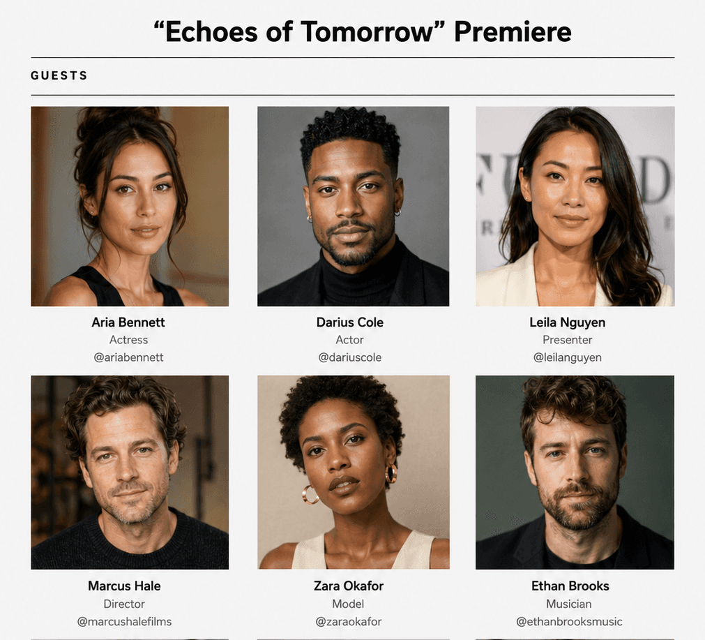 Example FaceSheet Pro facesheet for a fictional film premiere